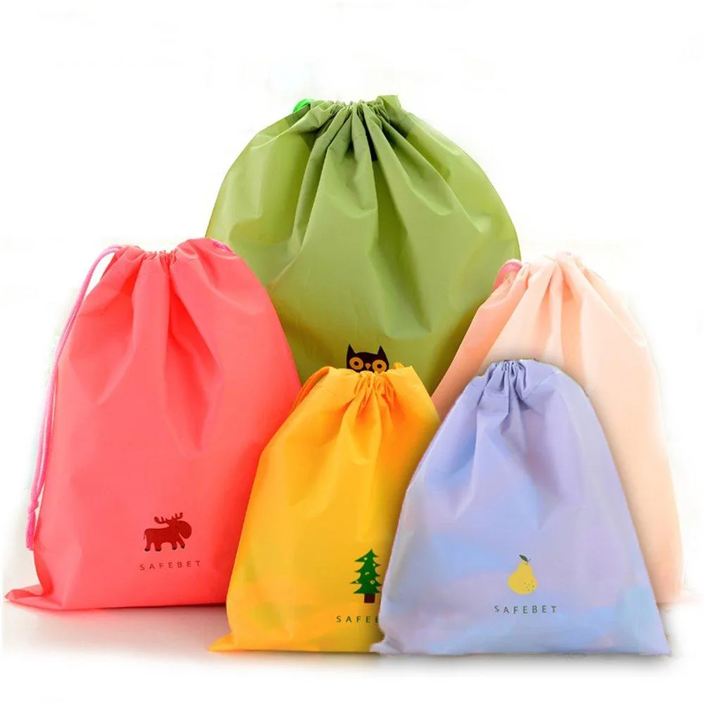Five colourful waterproof drawstring bags in plastic with animal prints, sizes small to large
