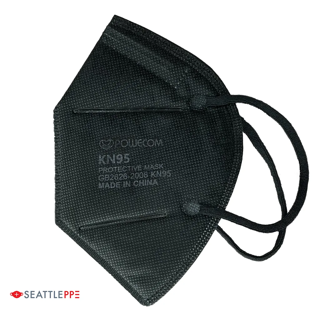 Black KN95 respirator mask with adjustable nose bridge and elastic ear loops, shown in 10-pack