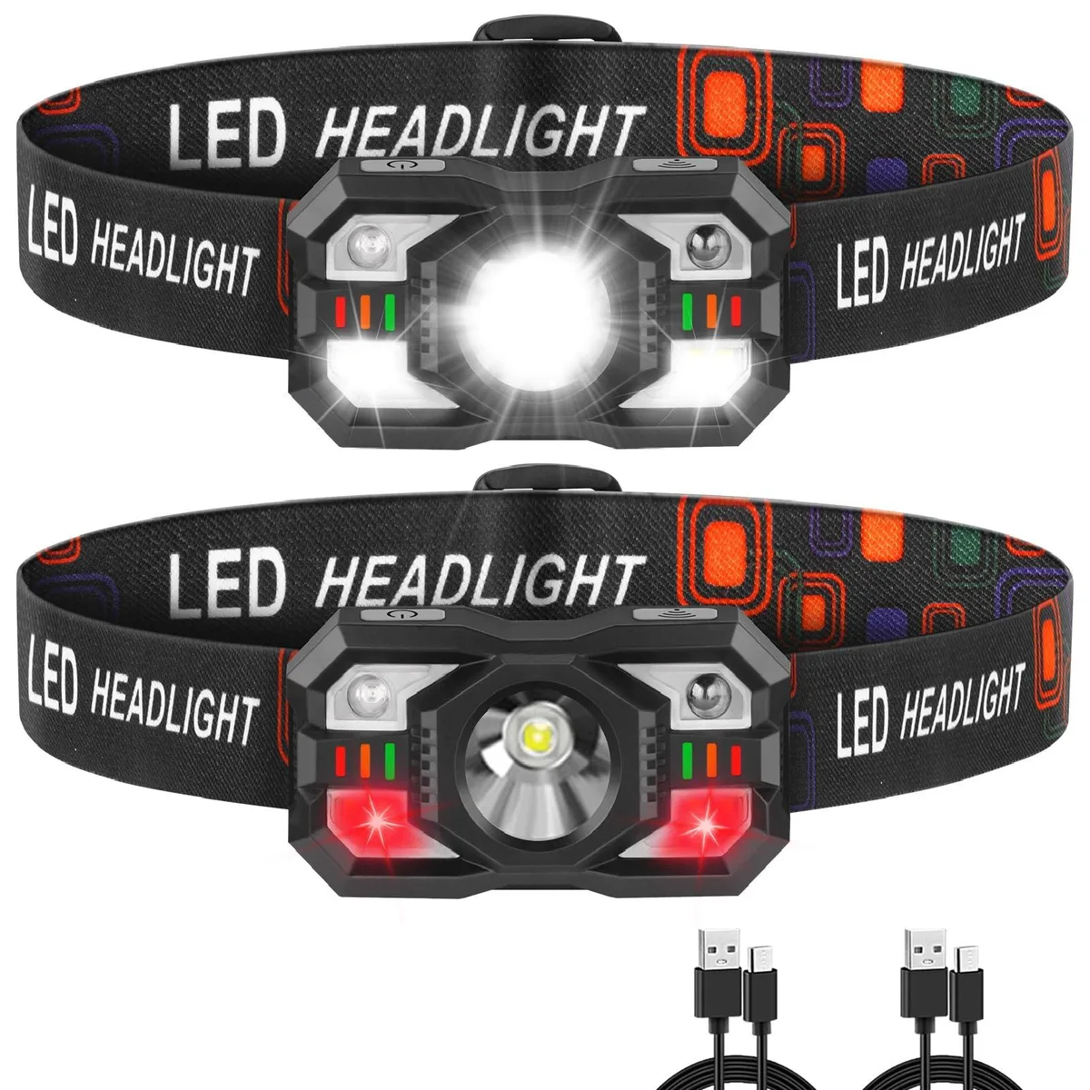 Two black rectangular headlamps with adjustable elastic straps and a 60° tilting front lens