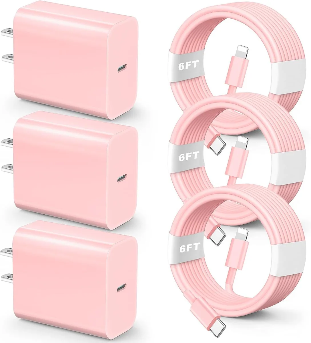 ONITOON ONITOON 20W PD USB-C Wall Charger 3 Pack with 6.6ft Lightning Cable Pink — product photo