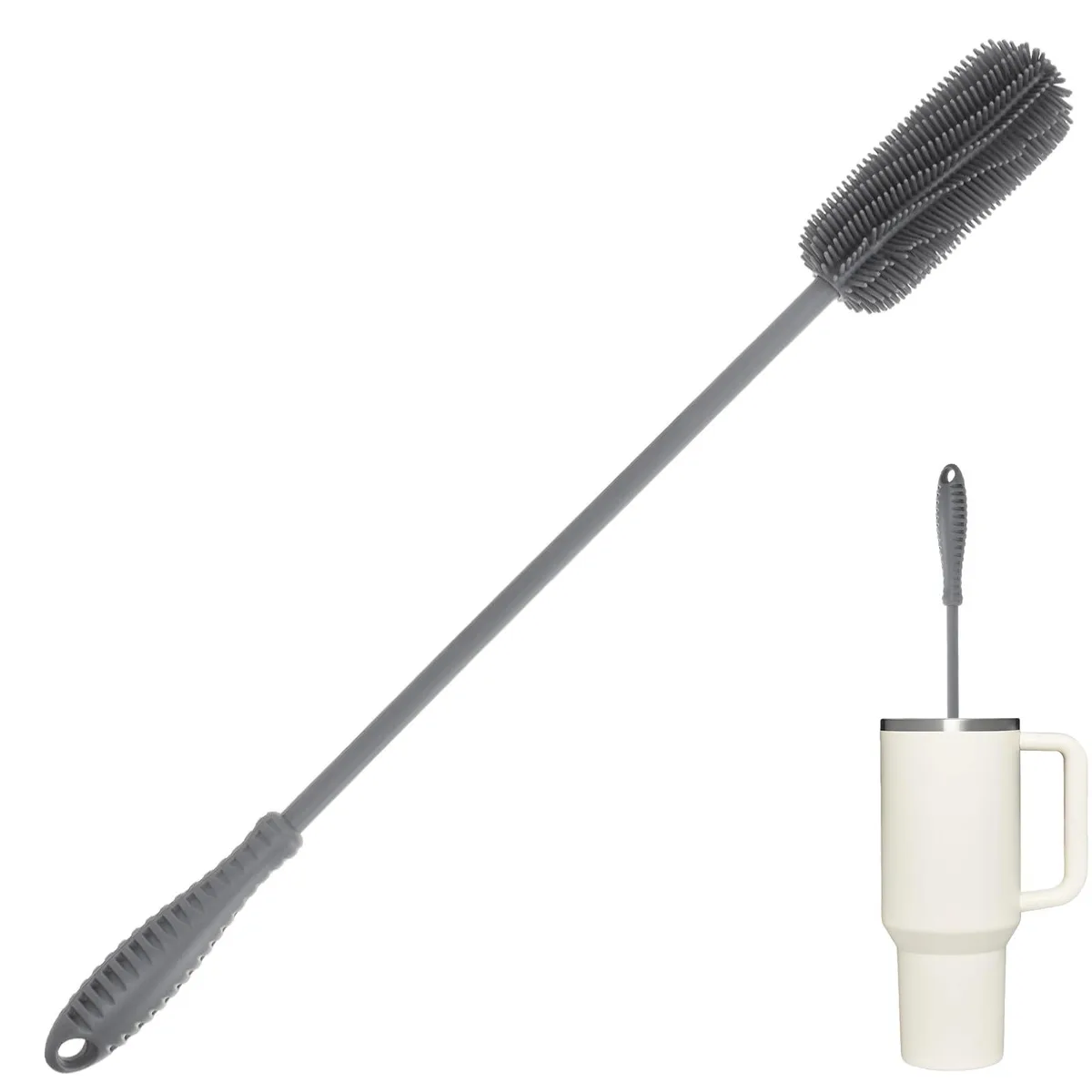 Gray silicone bottle brush with long handle and wave-shaped head