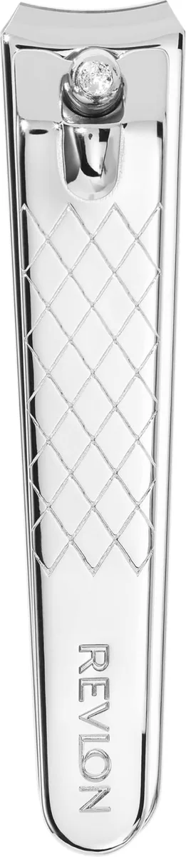 Silver Revlon nail clipper with curved alloy steel blades and foldaway file, contoured handles