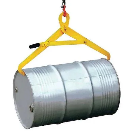 Yellow steel drum lifter with two grip hooks for vertical 55 gallon drums