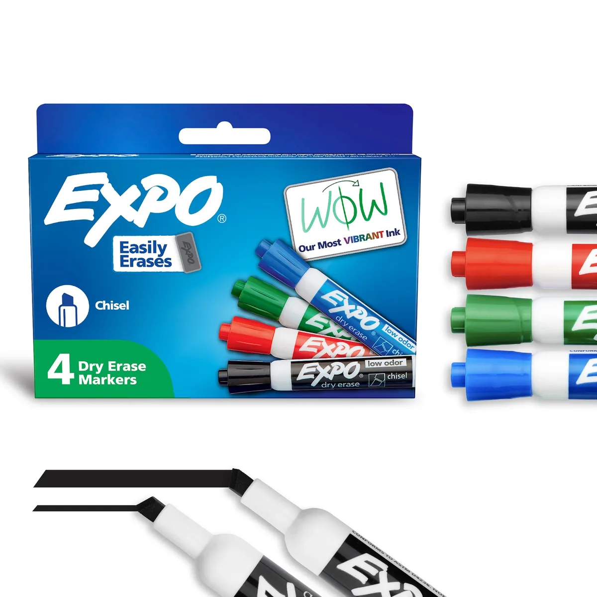 Four EXPO dry-erase markers, chisel tips, assorted colours