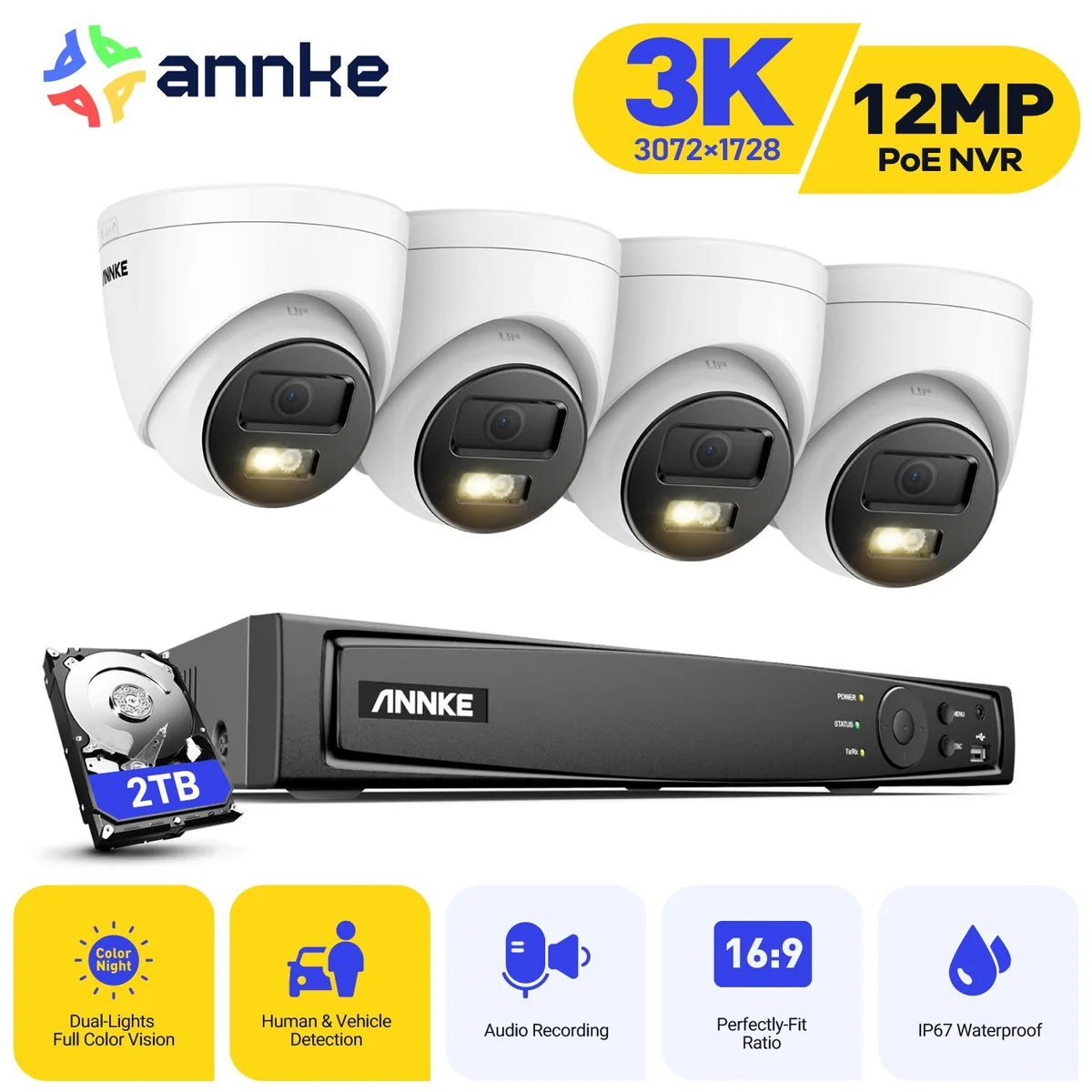 Annke Annke H.265+ 8CH PoE surveillance security system with 12MP NVR and 4 x 3K cameras, 2TB HDD — product photo