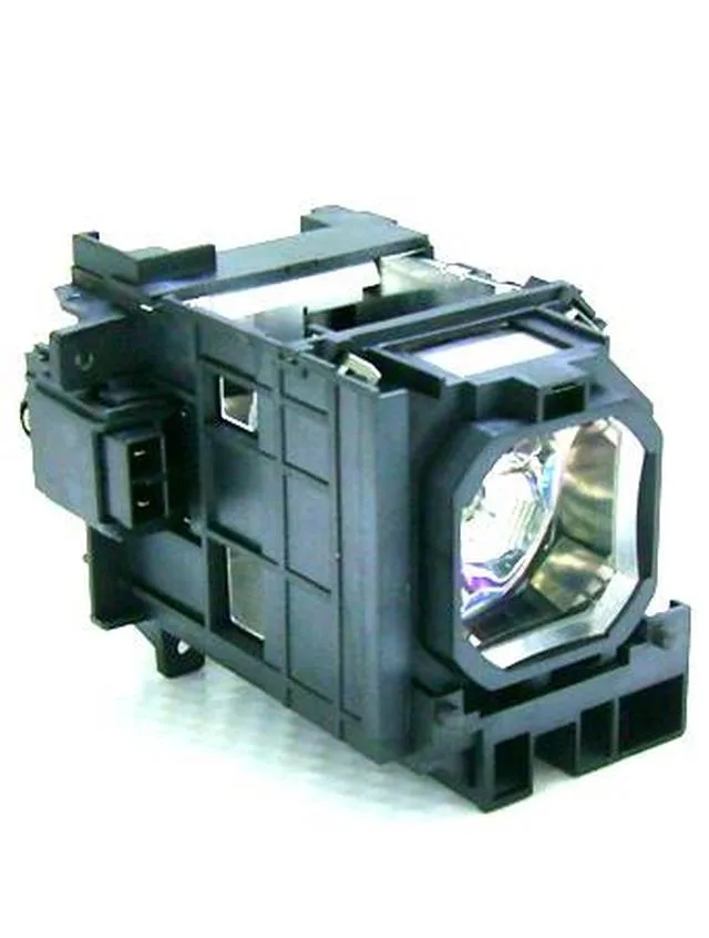 A rectangular projector lamp module with black housing and a clear glass bulb inside