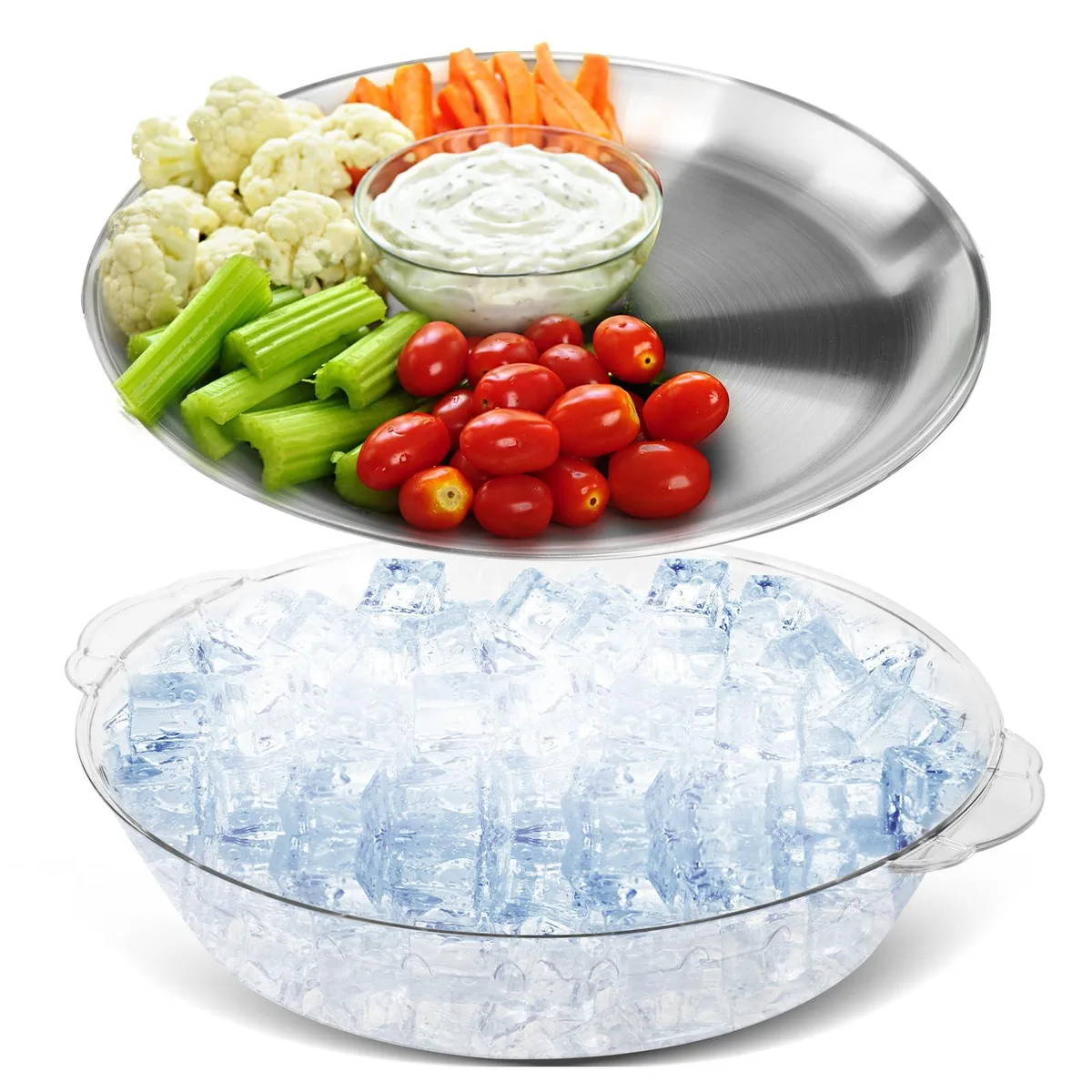 Clear round chilled serving tray with compartments 11.8 inches diameter