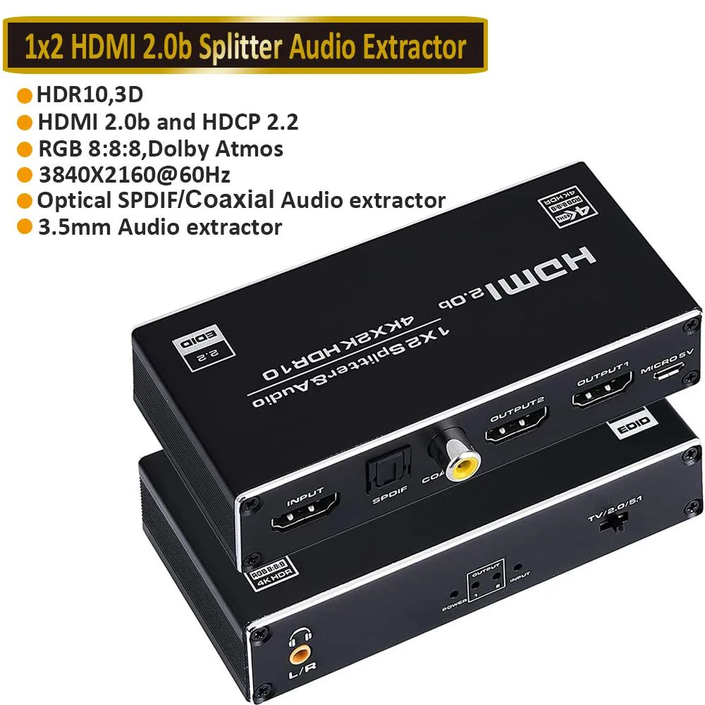 ESTONE ESTONE OZF6A 1x2 HDMI Splitter Audio Extractor 4K60 18Gbps — product photo