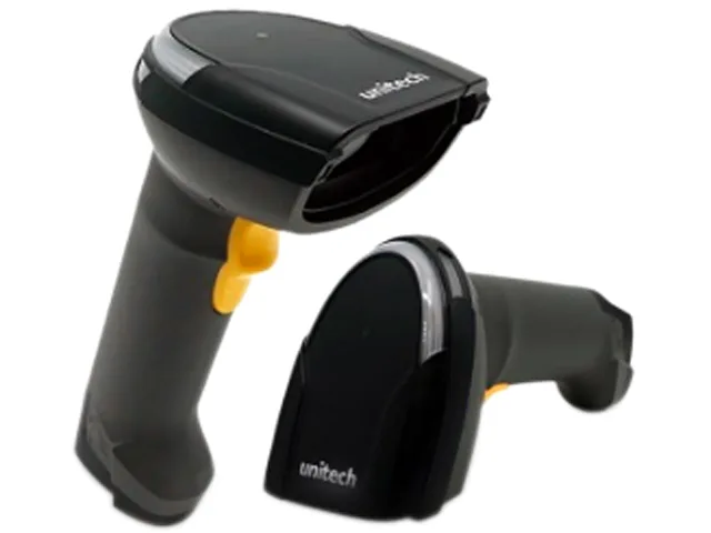 Black handheld barcode scanner with USB cable attached