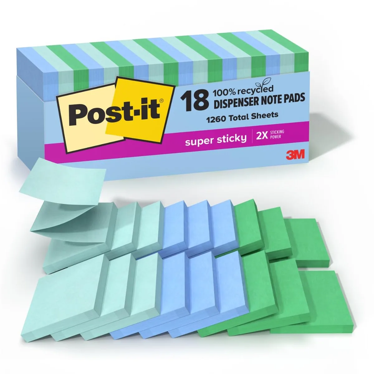 Eighteen square pop-up pads in washed denim fresh mint lucky green stacked in a box