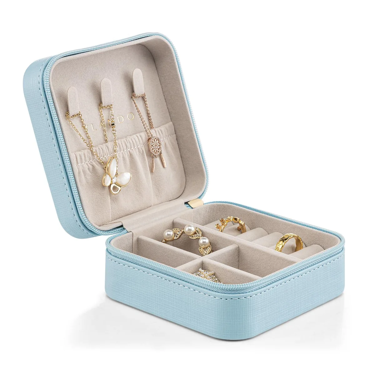 Blue square travel jewellery box with zip, 11.5 cm sides, faux leather finish