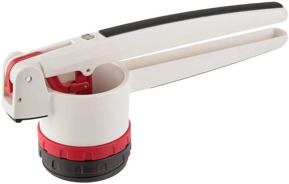 Stainless steel potato ricer with two interchangeable discs and long handles