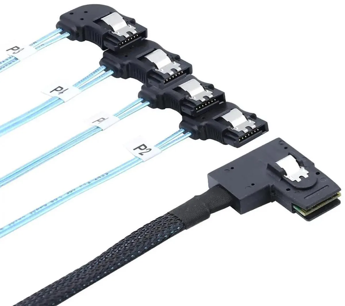 SMUGDESK SMUGDESK Mini SAS HD SFF8087 RightAngle to 4x RightAngle SATA 7Pin 0.5M 12Gbps 30AWG — product photo