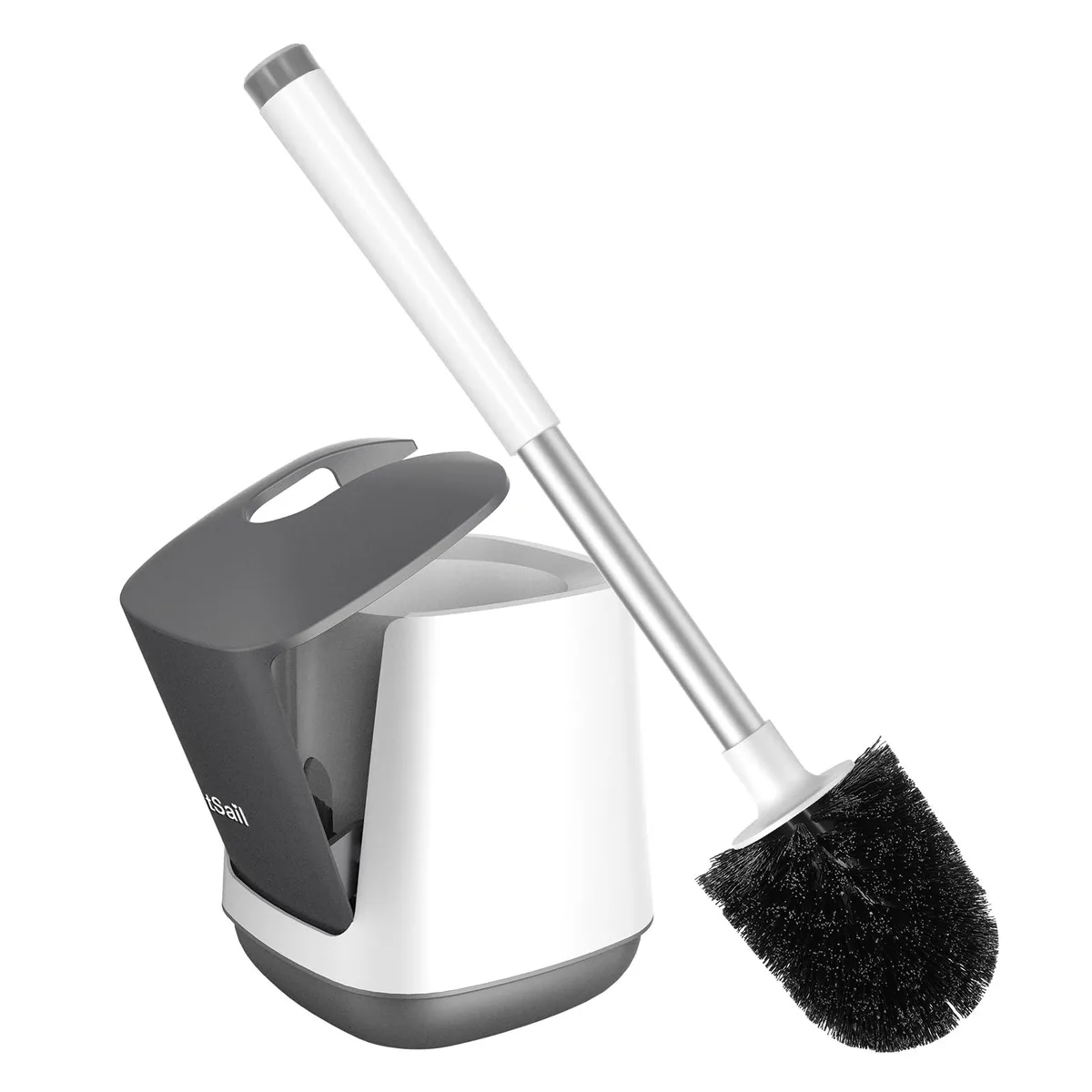 White and grey toilet brush set with self-closing ventilated holder and long handle