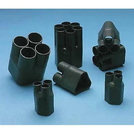 Black polyolefin heat-shrink breakout boot with four legs, semi-rigid finish, adhesive-lined interior