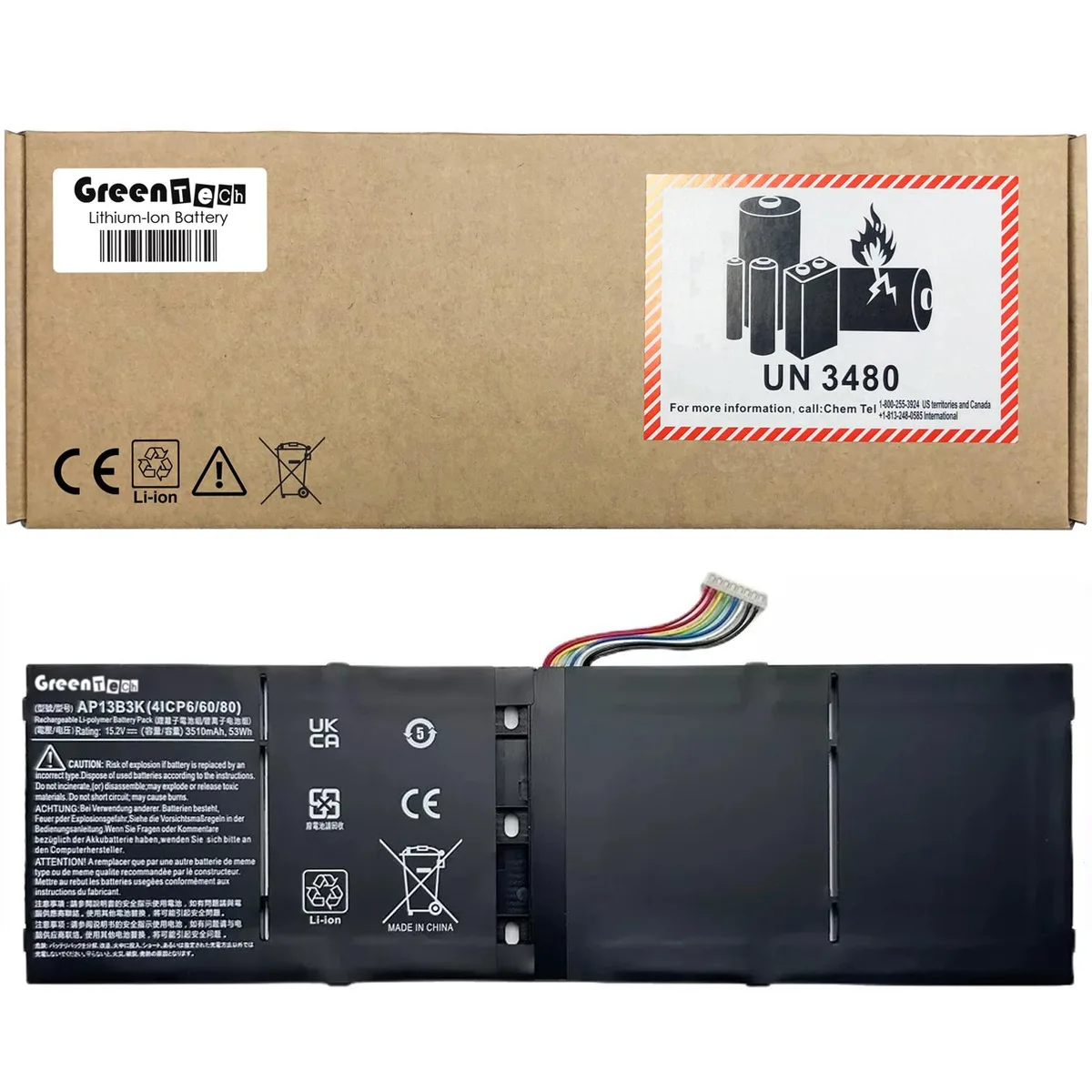 GreenTechLLC GreenTechLLC AP13B3K laptop battery 15.2V 53WH 3486mAh 4 cell black — product photo