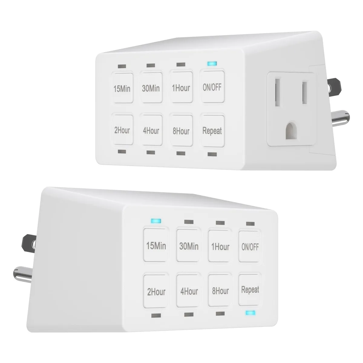 Two white rectangular plug-in timer switches with eight push buttons and LED indicators