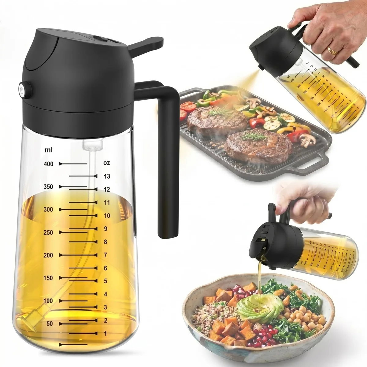 Black glass oil sprayer bottle with spray and pour nozzle, 470ml capacity