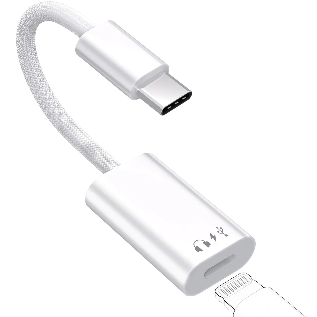 White USB-C to Lightning audio adapter with short cable and glossy connectors