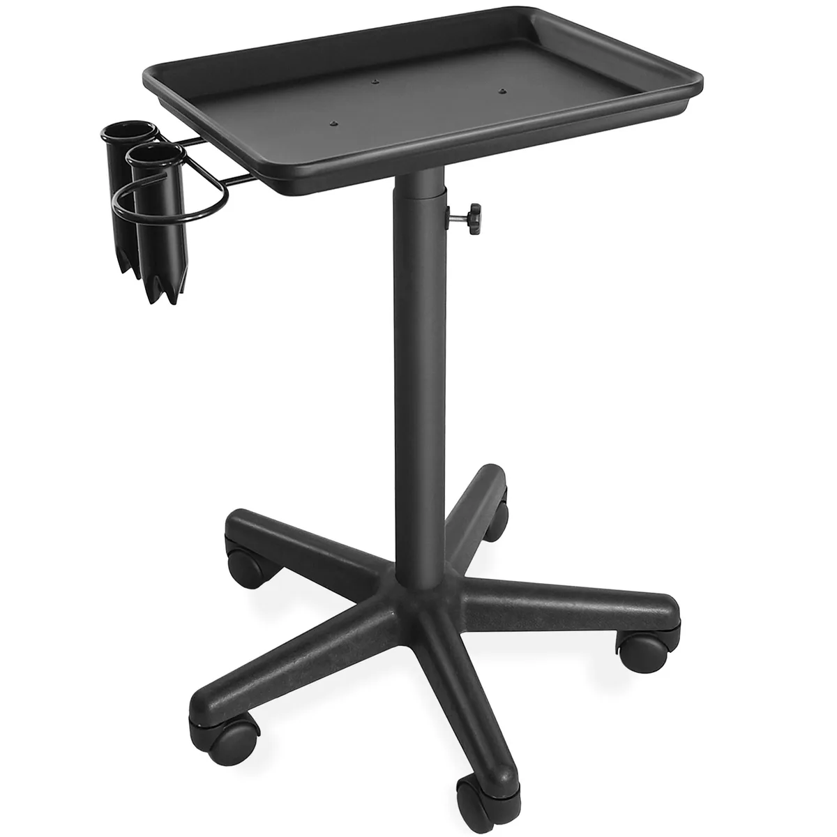 Black aluminum instrument tray with adjustable stand, side caddy and casters