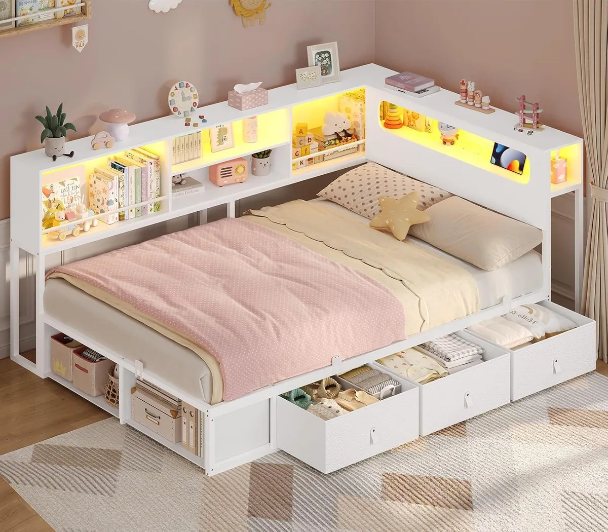 BFKK BFKK Twin Corner Bed with Bookcase Storage, LED Headboard, Charging Station, 3 Drawers, White — product photo