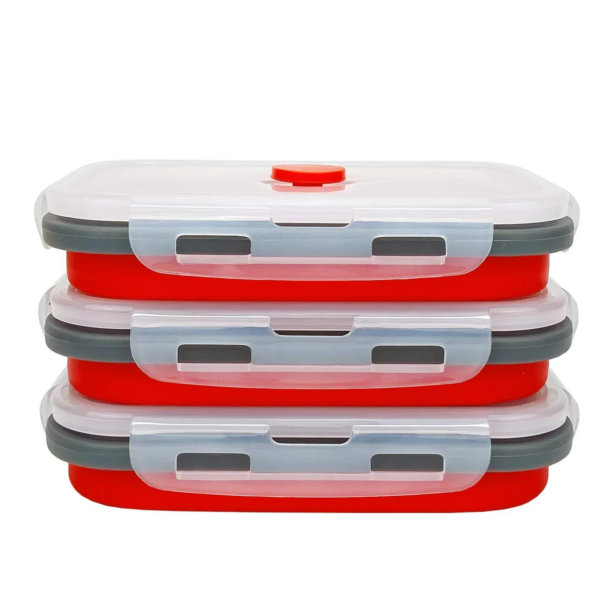 Three red collapsible silicone bowls with grey lids, collapsed flat to 1.2cm height