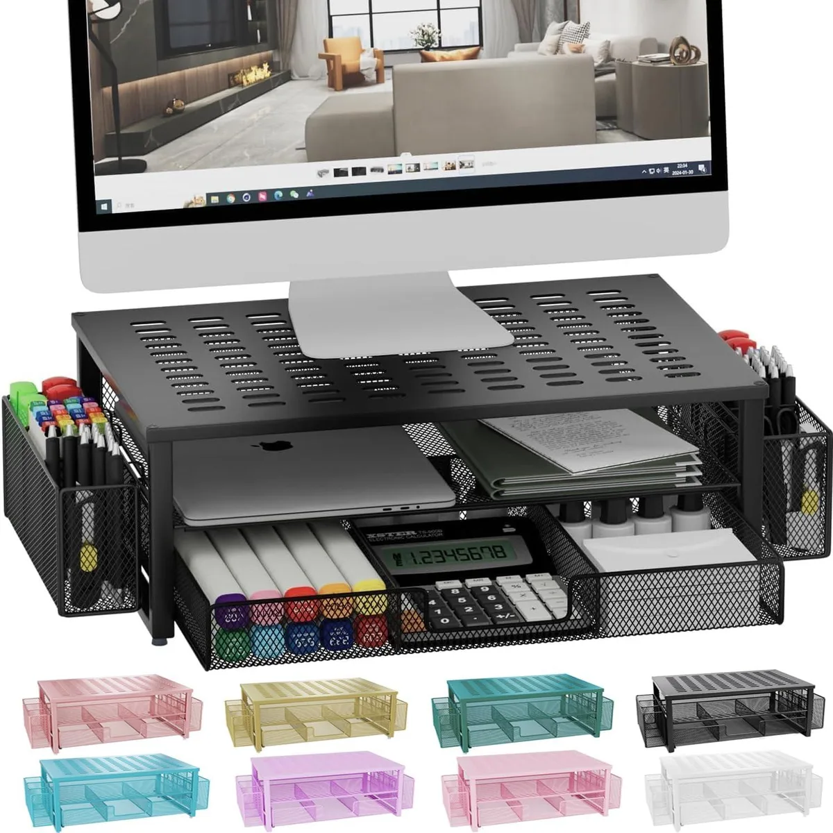 PISKEKAT PISKEKAT Monitor Stand Riser with Drawer and 2 Pen Holders (Black) — product photo