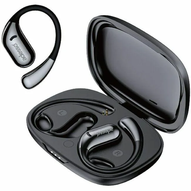 Open-ear Bluetooth earbuds in a lightweight frame, matte finish, ear hooks visible