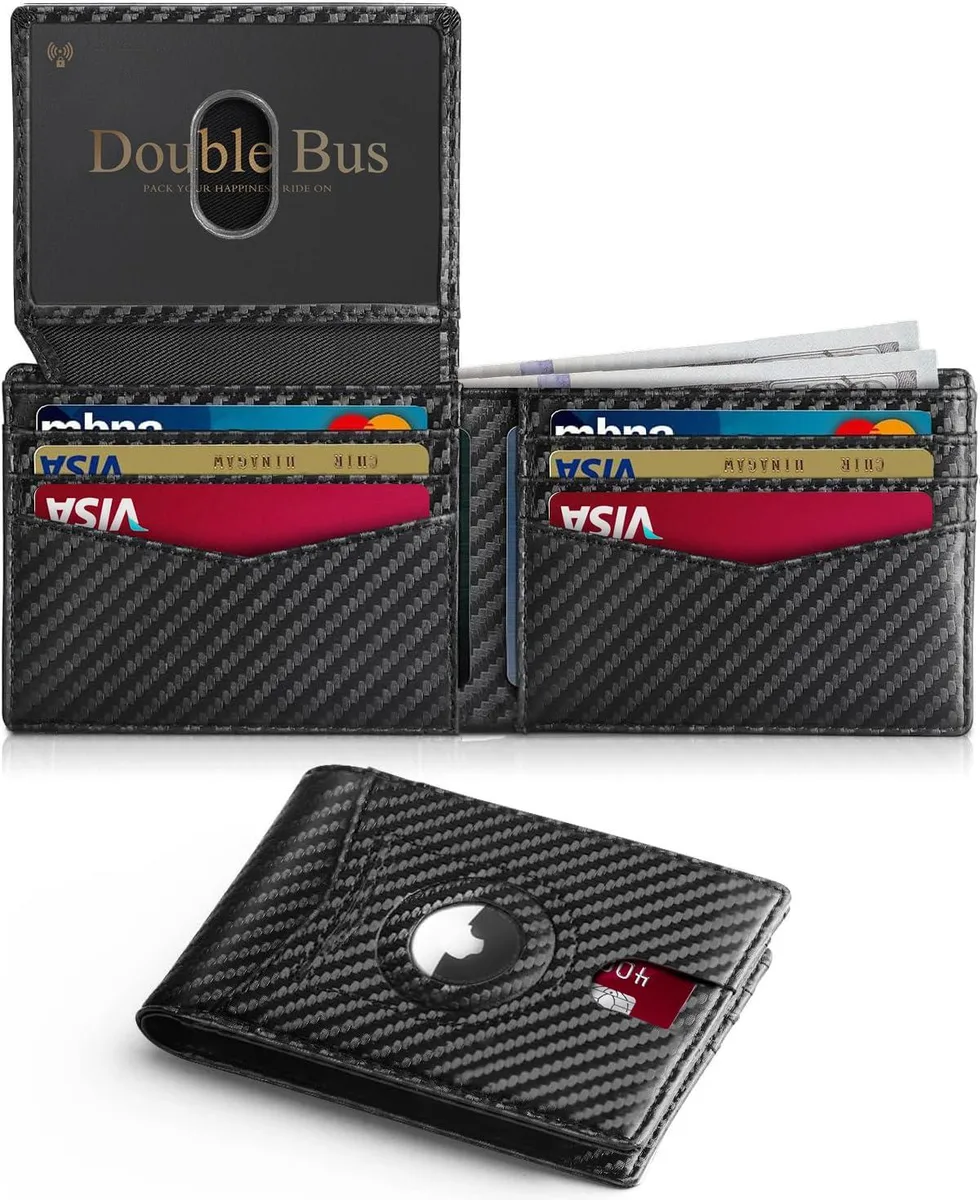  Double Bus Wallet for Men Black Carbon Fiber RFID Bifold AirTag 0.6in 4.3x3.2in 13-15 Cards 2 ID Windows — product photo