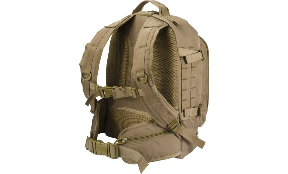 Dark Earth nylon backpack with MOLLE webbing and clips