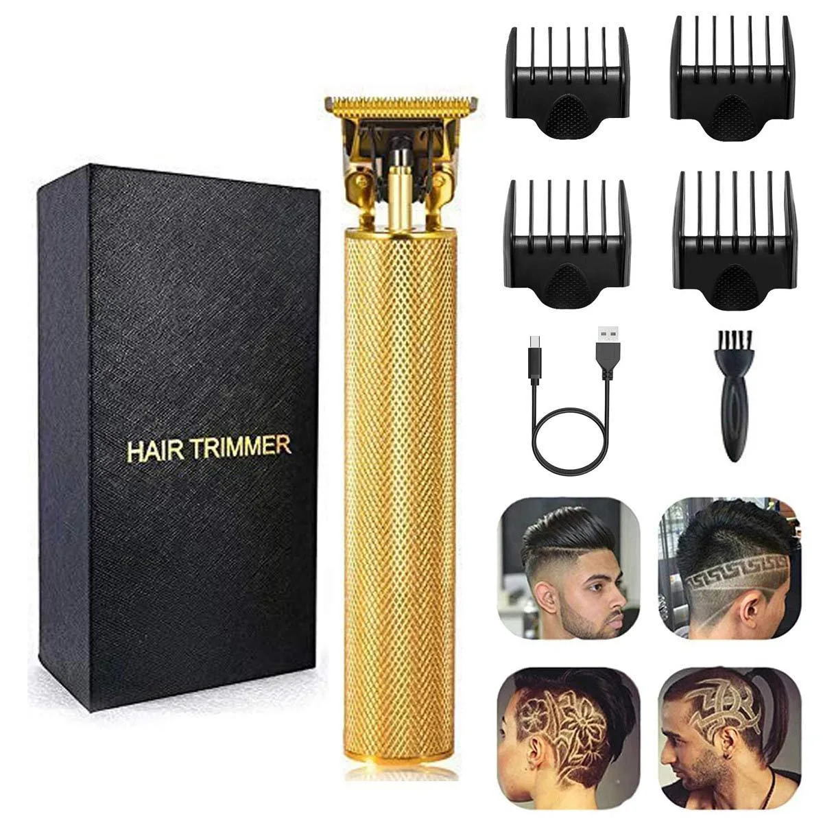 Black cordless T-blade trimmer kit with four guide combs