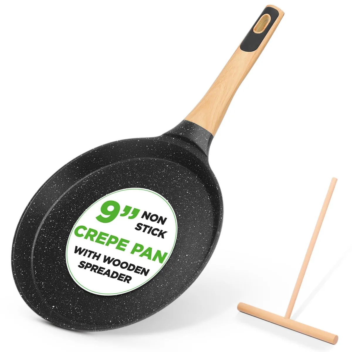 Black marble non-stick crepe pan with wooden spreader and Bakelite handle