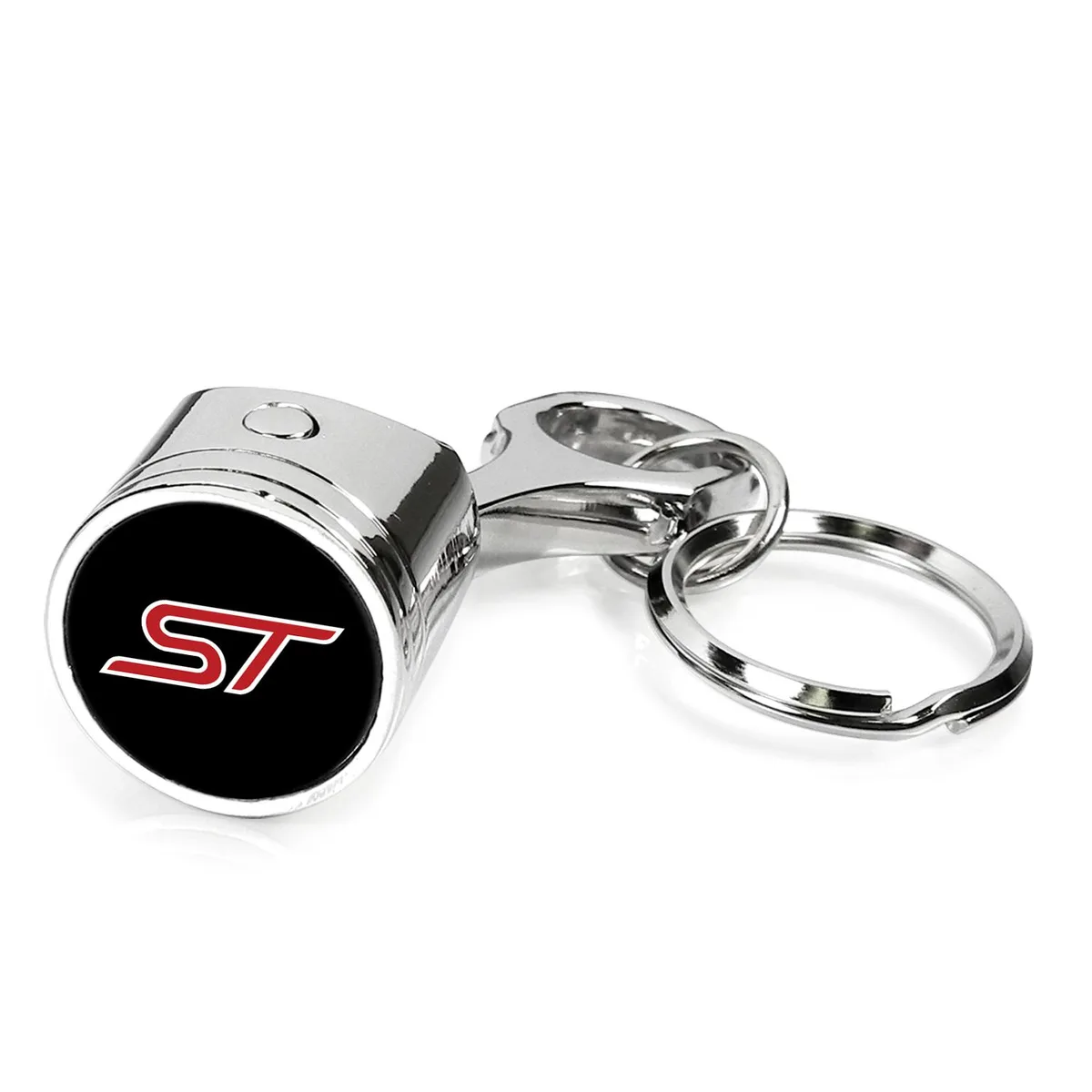 Chrome metal piston-and-rod key chain with colour logo dome