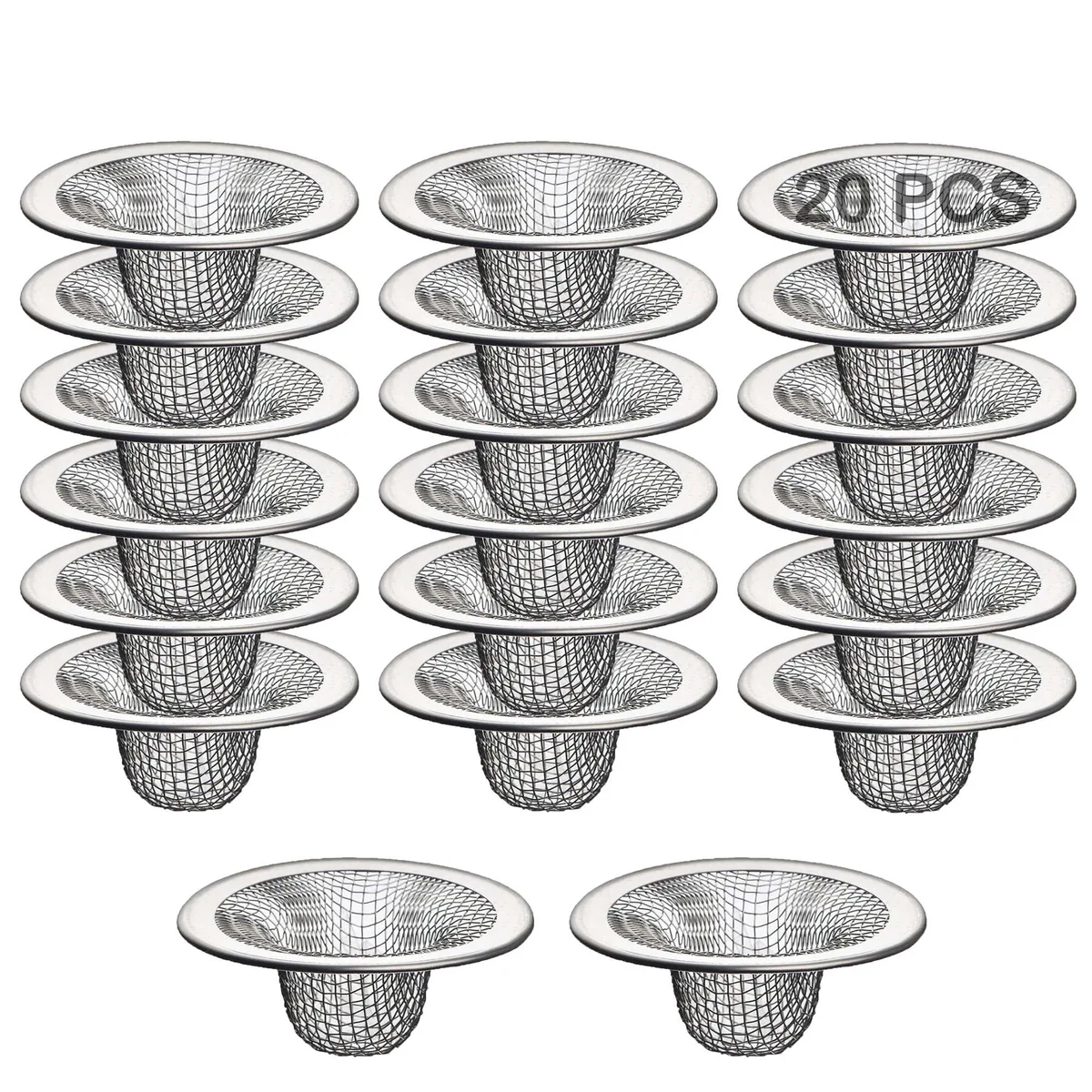 Twenty stainless steel mesh drain strainers with 2.125 inch diameter and .43 inch centre hole