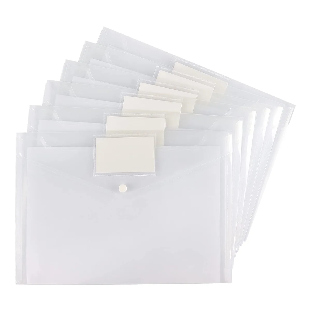 Six translucent plastic A4 folders in assorted colours with snap buttons and label pockets