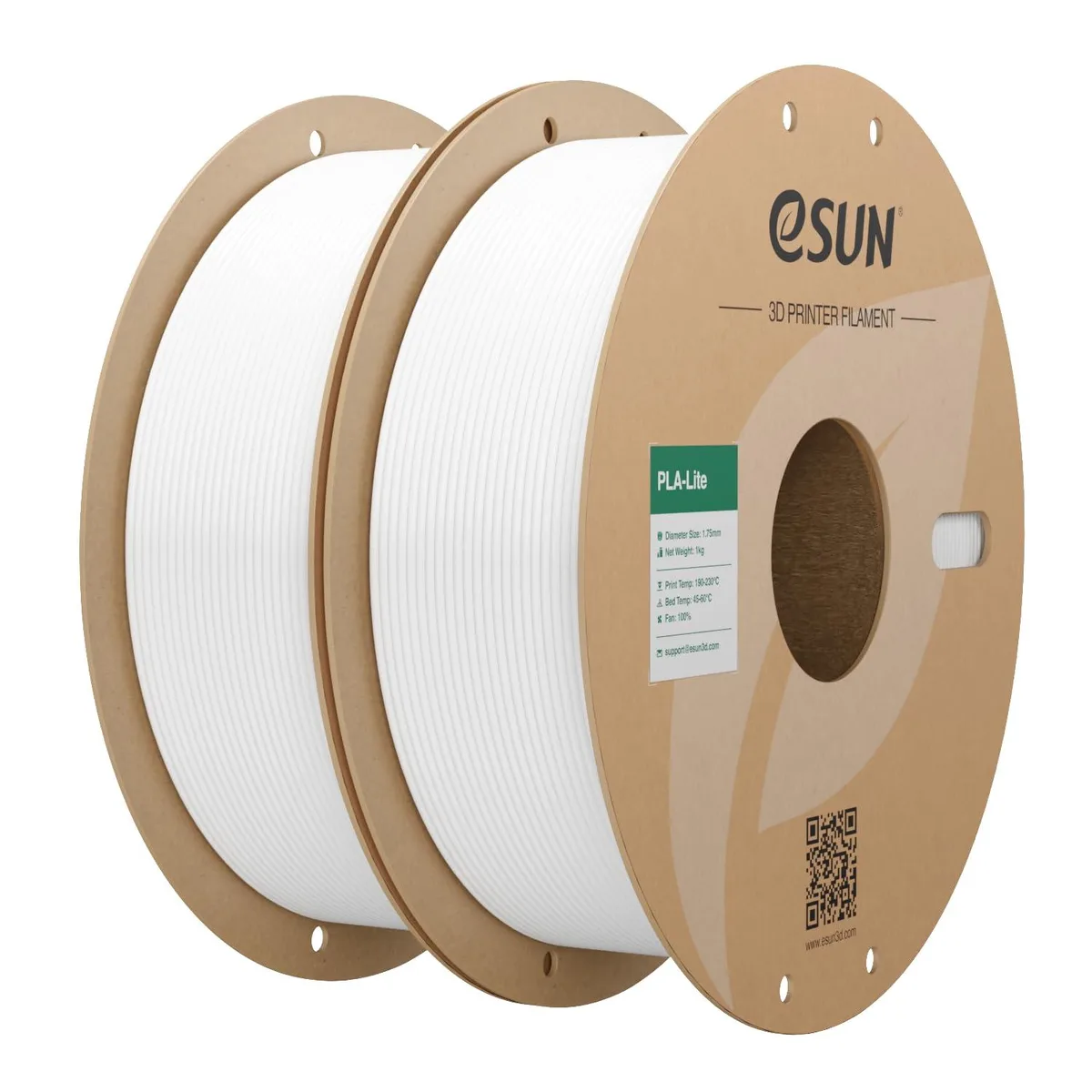 Two white PLA filament spools on plastic reels
