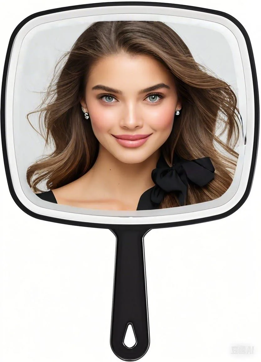 Black aluminium-framed handheld mirror, oblong 26.5 by 19 cm, polished finish