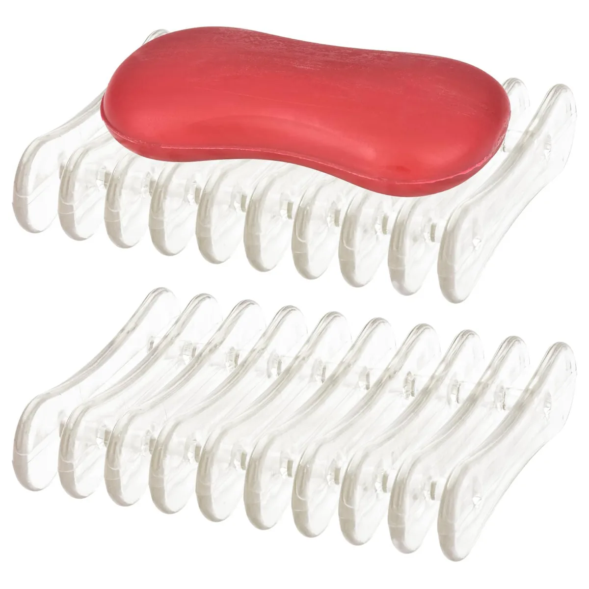 Two clear plastic soap dishes with ridged drainage and grooved grip surfaces