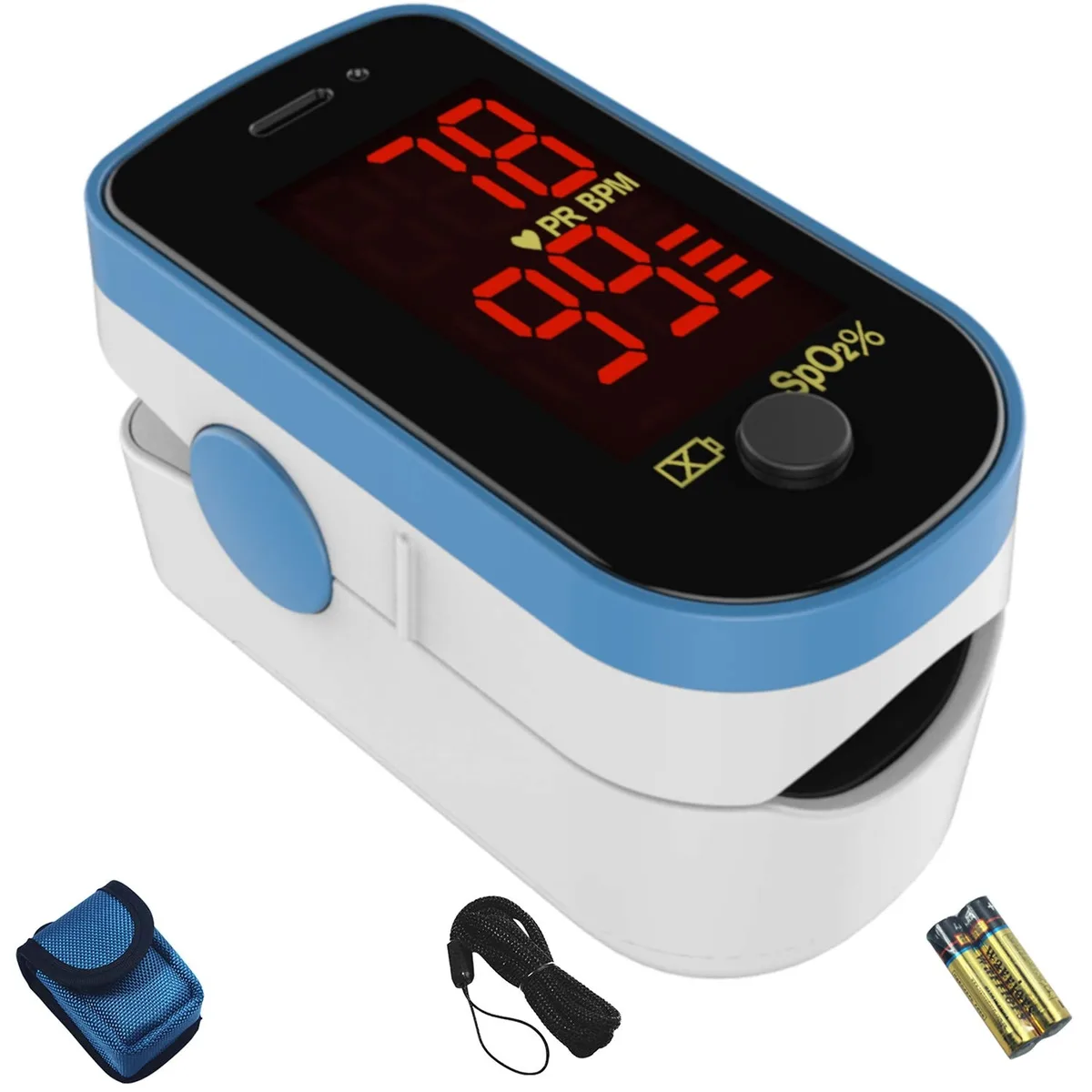 Blue fingertip pulse oximeter with LED display, carry case and lanyard