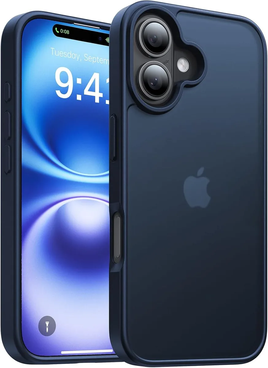 Deep blue translucent matte iPhone 16 case with soft silicone edges and raised camera lip