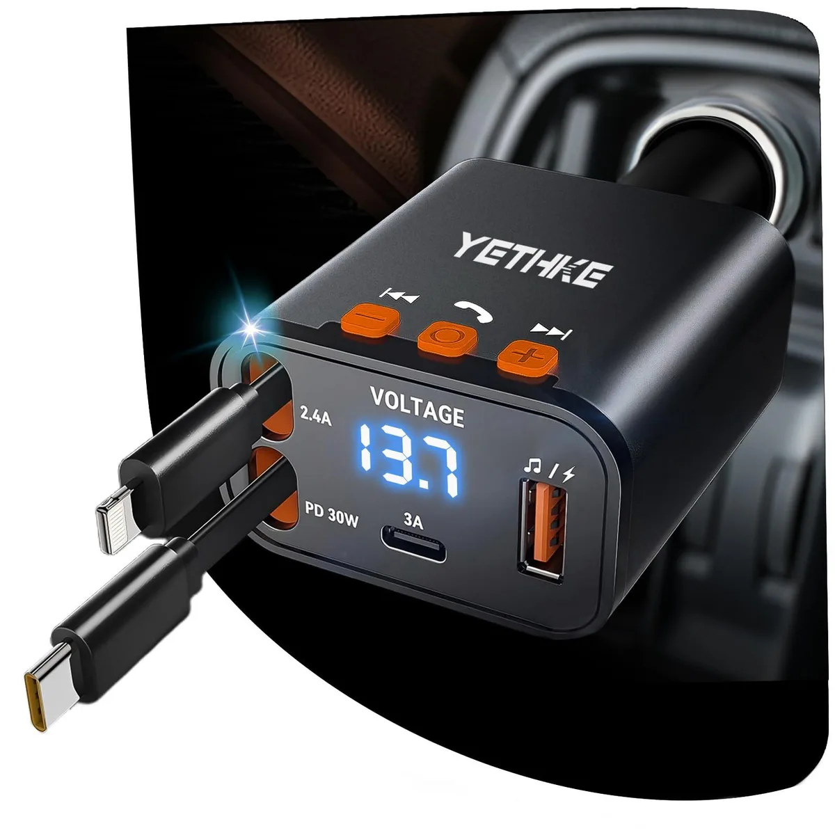 Black Scosche PT-42 Bluetooth 5.4 car adapter with two retractable cables and USB ports
