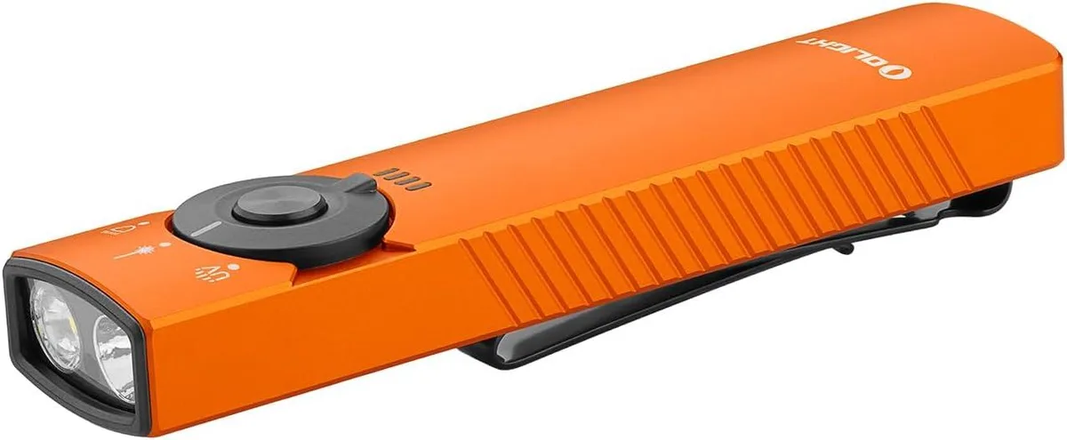Flat orange flashlight with circular mode selector and pocket clip