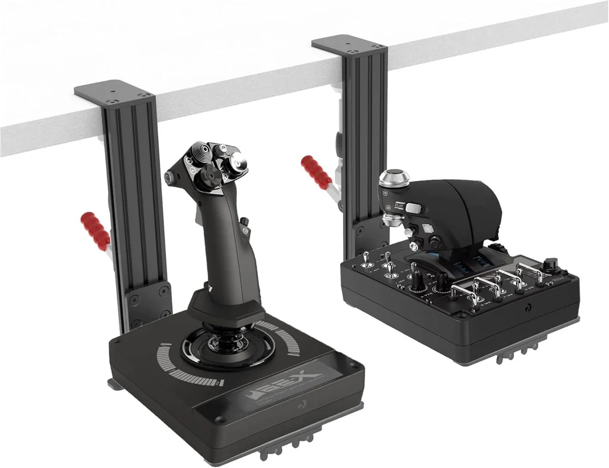 Two black metal desk clamps with adjustable arms and quick-release levers
