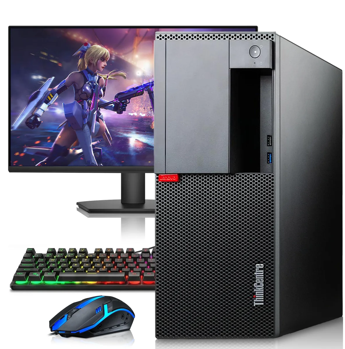 Lenovo Lenovo ThinkCentre M720t desktop PC i5-8500 16GB DDR4 256GB SSD GT 1030 24" monitor RGB WiFi Windows 11 Pro — product photo