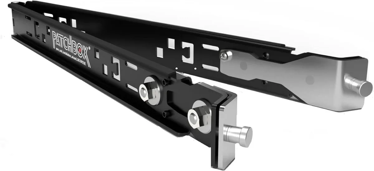 Aluminium rack-installation tool with adjustable hooks for 19-inch rails, powder-coated steel finish