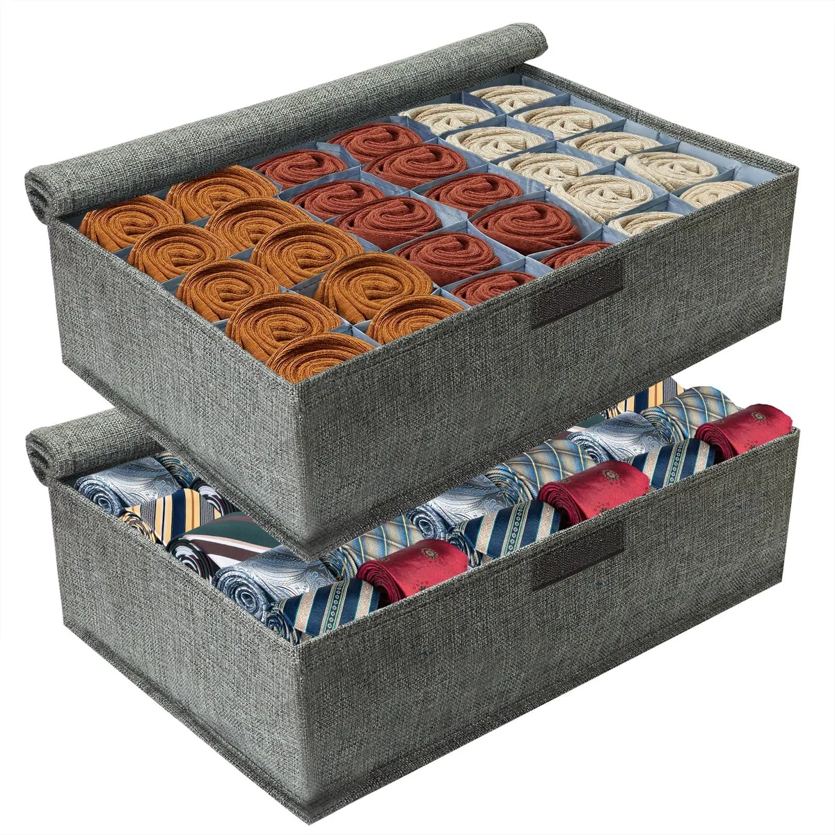 Two gray fabric boxes with lids, each divided into thirty cells, folded flat