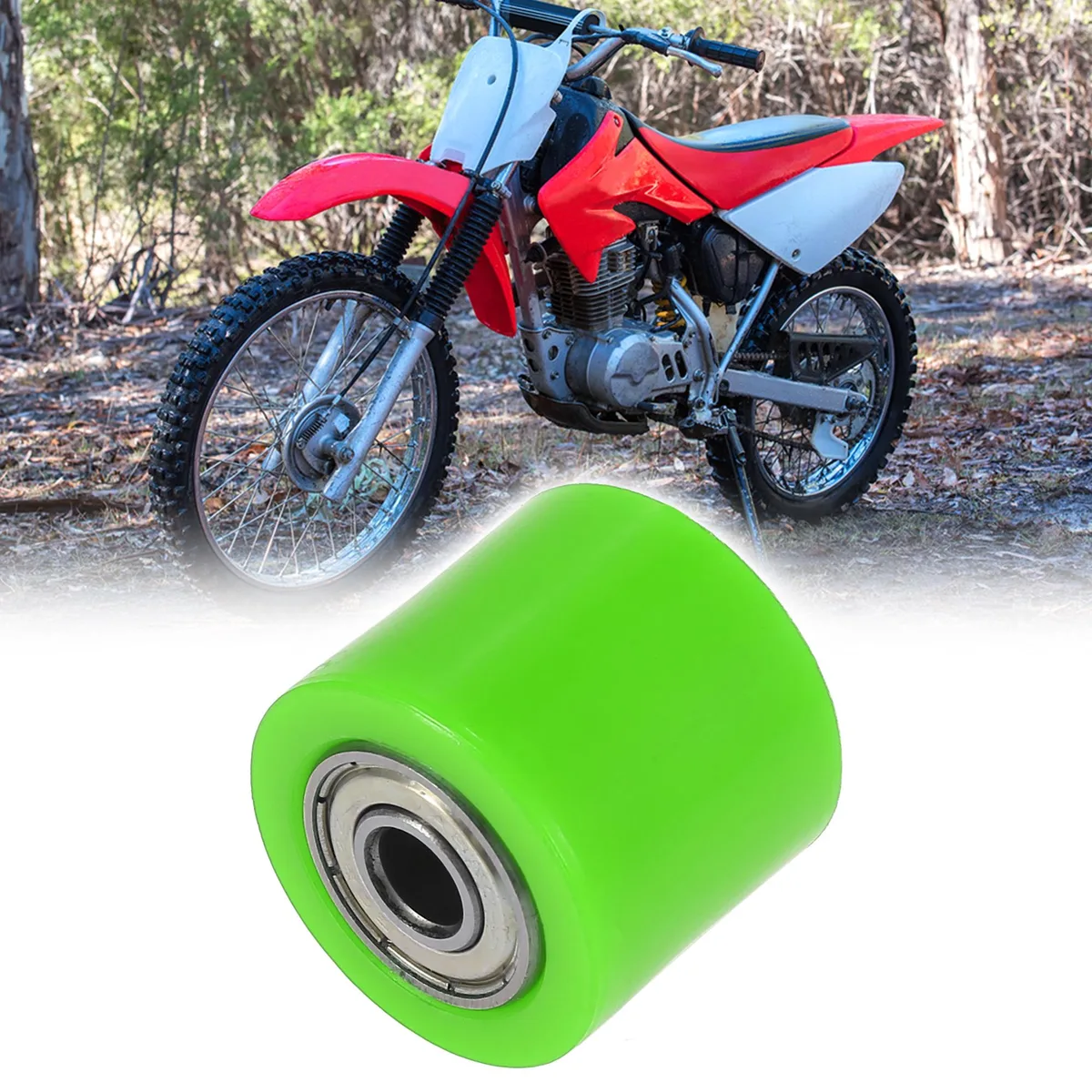 Green rubber and metal chain pulley roller slider, 28mm long, 32mm outer diameter