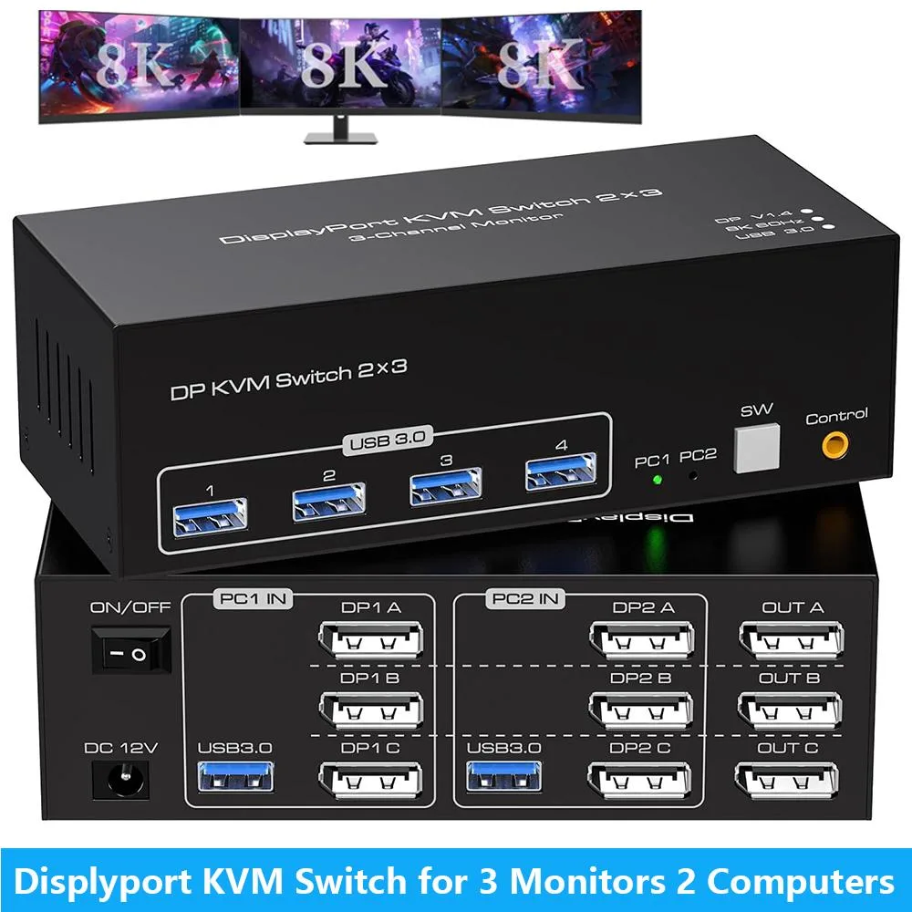 IHDAPP IHDAPP 8K DisplayPort KVM Switch 3 Monitors 2 Computers 4K@120Hz 4 USB 3.0 — product photo