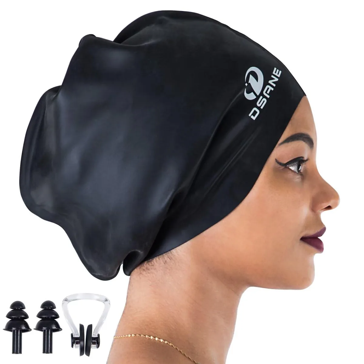 Black silicone extra-large swimming cap, 23 by 29 cm, with nose clip and ear plugs