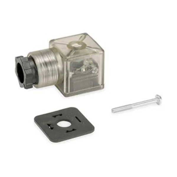 Compact rectangular DIN plug connector with integrated indicator light, grey plastic housing, two blade terminals